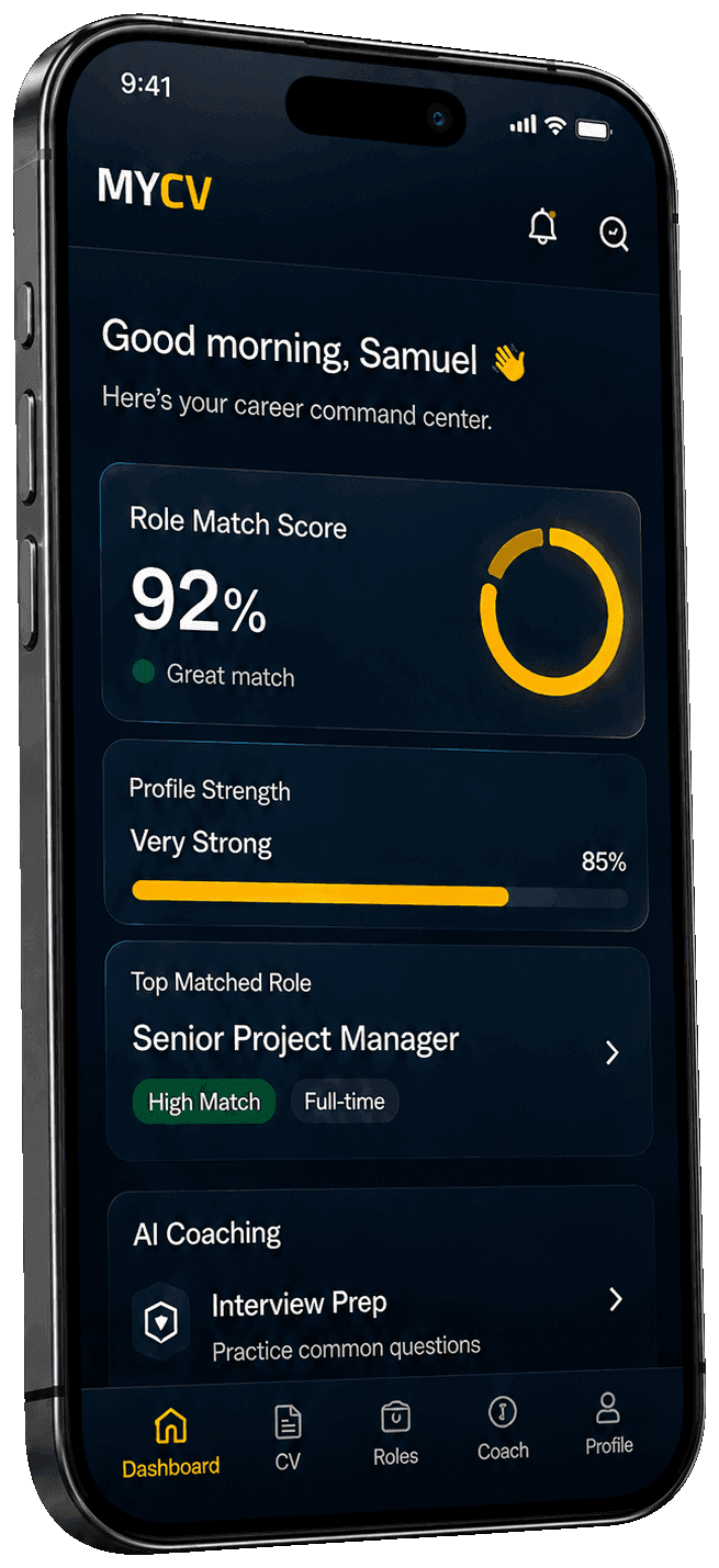 MYCV mobile dashboard