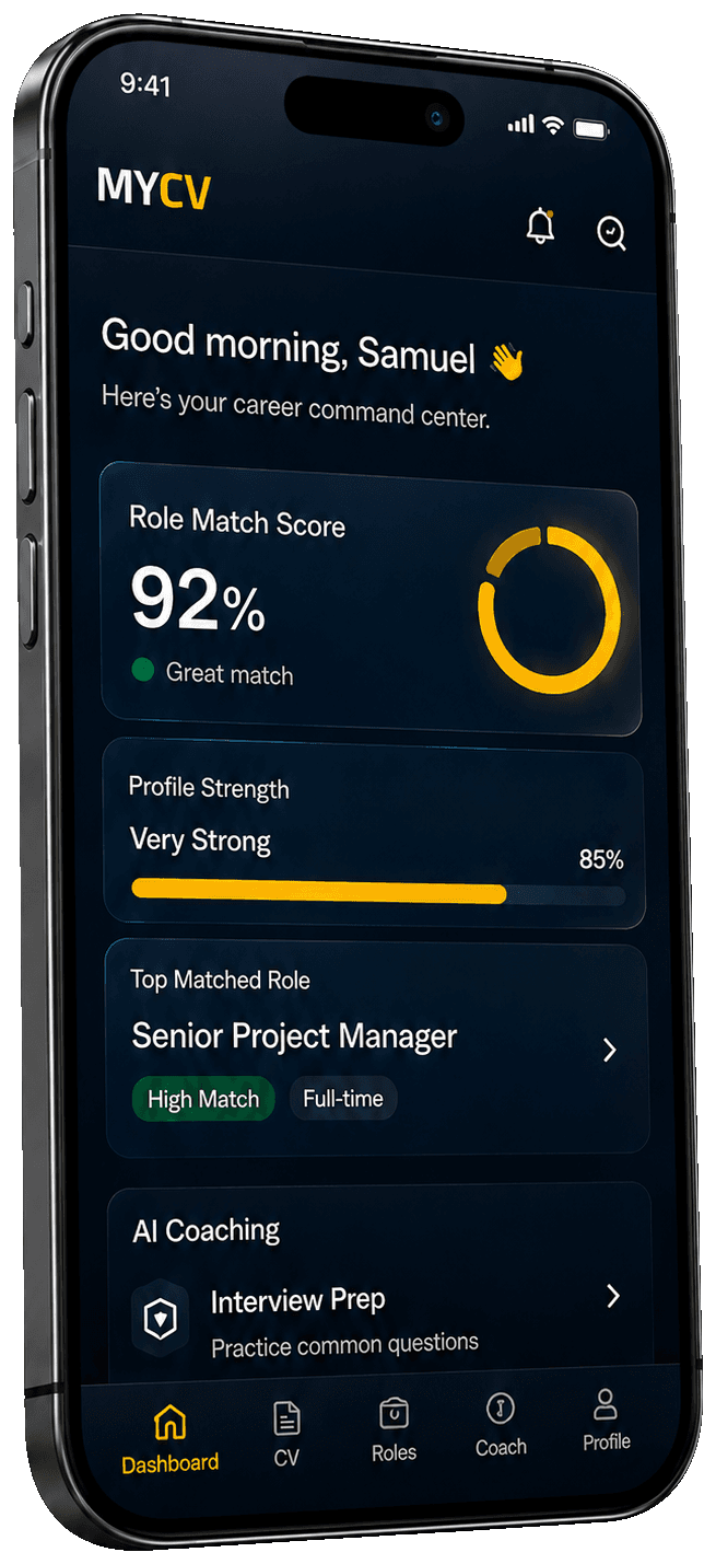 MYCV mobile dashboard